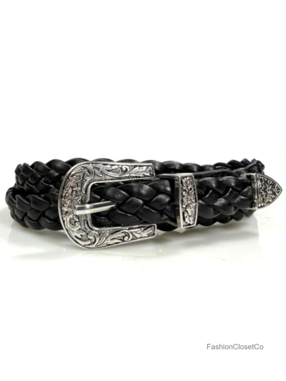 Braided Leather Belt Slim Western Engraved Silver Buckle Jeans Dress